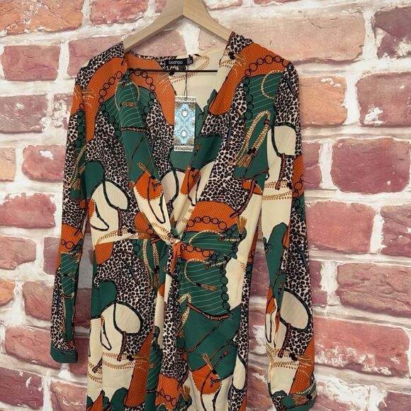 Boohoo Dress Women's 6 Multicolor Chain Link Animal Print Twist Knot Mixed Media - Picture 4 of 9